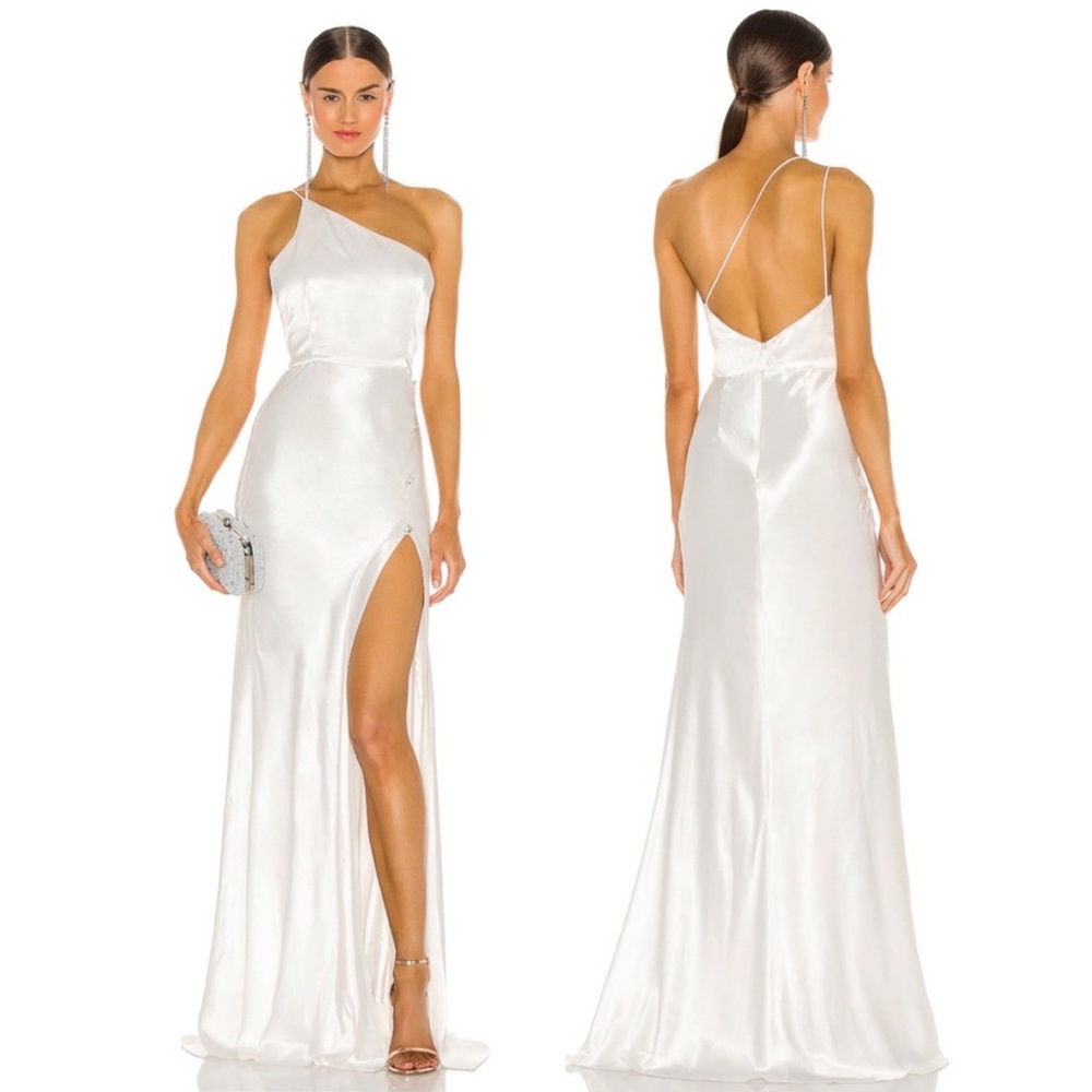 SAU LEE Hailey Gown Ivory Satin One Shoulder Crystal Button Maxi Dress 4 NEW
